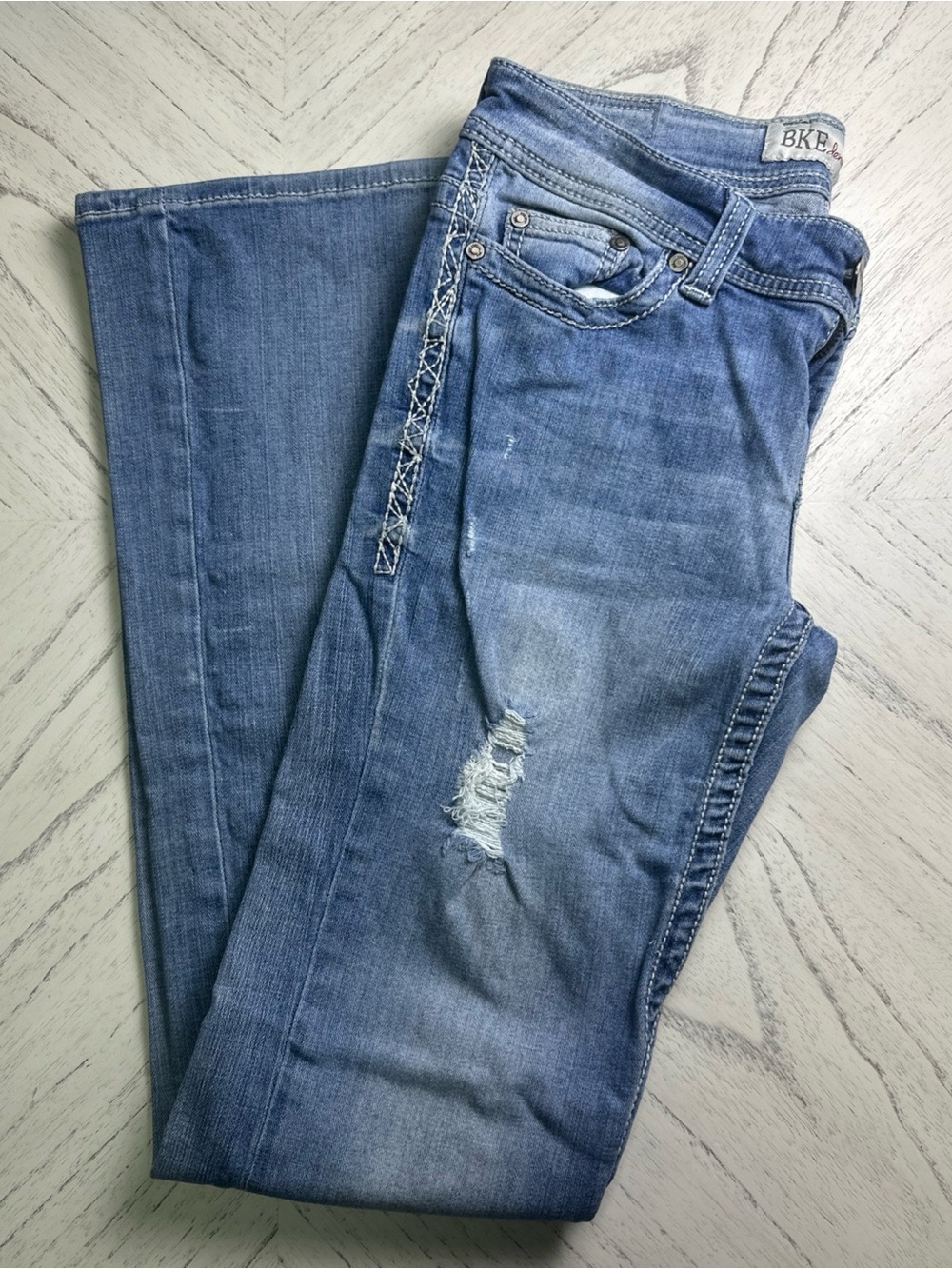 BKE Medium Blue Women's Boot Cut Jeans with Distressed Detail